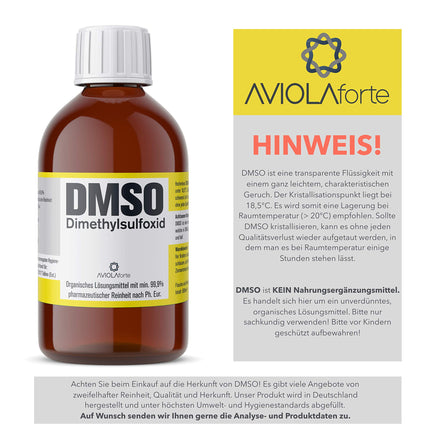 DMSO from AVIOLAforte | Dimethyl sulfoxide with 99.9% pharmaceutical purity from Germany | Brown glass pharmacy bottle | 100ml, 250ml, 500ml, or 1000ml