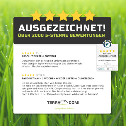 TerraDomi Lawn Fertilizer Spring, Summer &amp; Autumn 25kg NPK 15-15-15 | Fertilizer with long-lasting effect | Displaces moss | For over 1000 m² of lawn | Spreader-suitable fertilizer | Low dust &amp; with extra sulfur