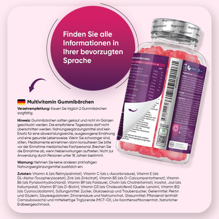Multivitamin Gummies - 120 Gummies with 13 Ingredients - With Iodine, Vitamins C, A, D3, E, B9, B5, Biotin, Zinc - Strawberry Flavor - 2-Month Supply - Alternative to Capsules - WeightWorld