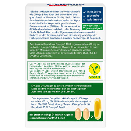 Doppelherz Omega-3 1000 vegan - High-dose omega-3 fatty acids EPA and DHA from vegetable algae oil - 120 small, easy-to-swallow capsules