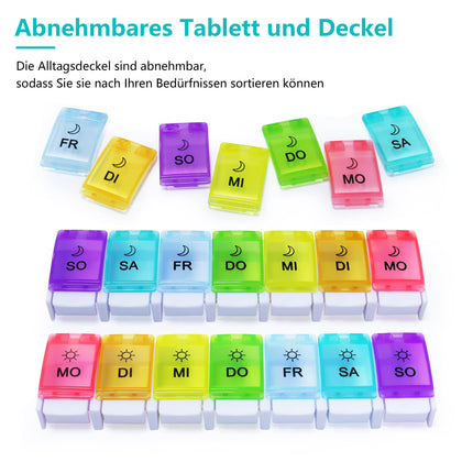 MOLN HYMY 7-Day Pill Box, 2 Compartments, Morning and Evening Pill Box, Large Capacity, BPA-Free, 14 Compartments, Push Button (Rainbow)