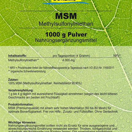 MSM, 1 kg powder in a bag, premium quality (99.95% purity, 60-80 mesh), without silicon dioxide, without DMSO residues, Bonemis®