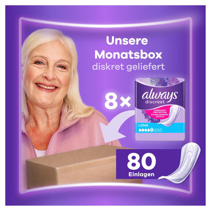 Always Discreet Incontinence Pads Long, 80 pads (8 x 10 pads) monthly pack, discreet protection &amp; high absorbency, odor-neutralizing