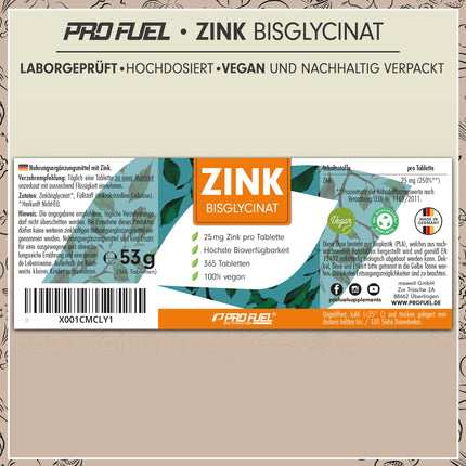 Zinc 25mg - 365 tablets (vegan) with zinc bisglycinate (zinc chelate) for maximum bioavailability - laboratory-tested with certificate - optimally high dosage - 1 year's supply - ProFuel