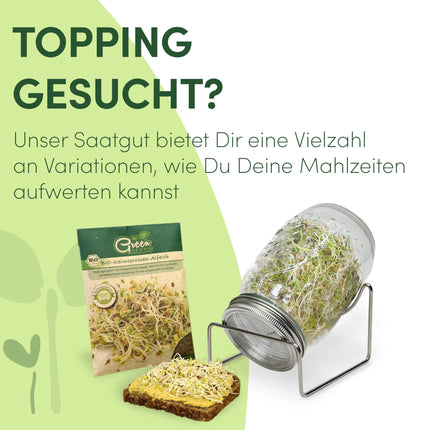 Green SEEDS Sprouting Jar, Set of 2, 1000ml, with High-Quality Stainless Steel Mesh Lid, Stand + FREE Sprouting ABC [Print Version]