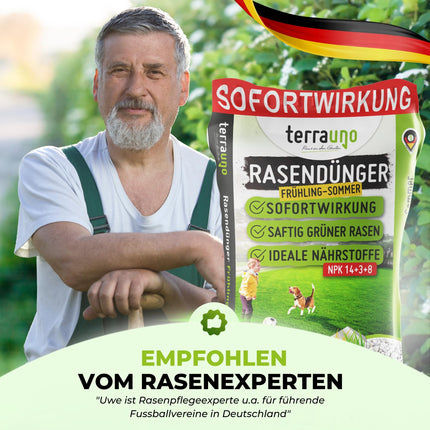 TerraUno Lawn Fertilizer Spring/Summer I Immediate effect for lush green I 20 kg for 1000 m² I Healthy lawn displaces moss and weeds I NPK fertilizer lawn I Against drought stress I For the spreader