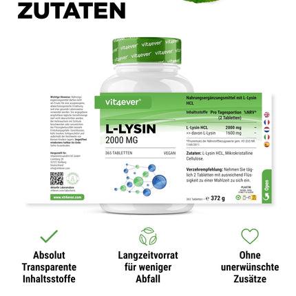 L-Lysine - 365 Tablets - High Dose with 2000 mg L-Lysine HCL per day - From Plant Fermentation - No Additives - Vegan