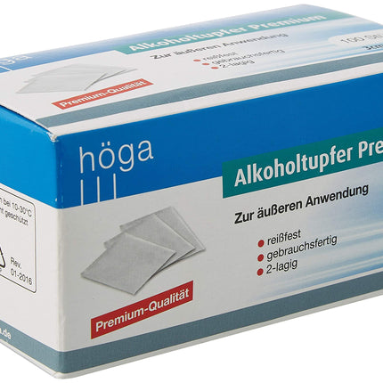 Höga-Pharm Premium alcohol swabs, for external use, tear-resistant, ready-to-use, 2-ply, 1 pack (1 x 100 pieces)