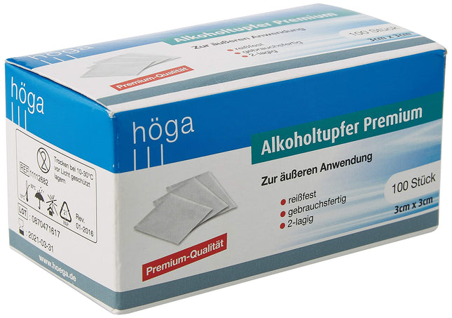 Höga-Pharm Premium alcohol swabs, for external use, tear-resistant, ready-to-use, 2-ply, 1 pack (1 x 100 pieces)