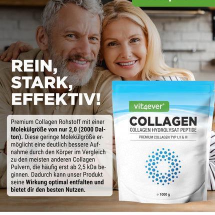 Collagen Powder 1000 g - 100% bioactive collagen hydrolysate peptides - Collagen types 1, 2 &amp; 3 - Tasteless - No additives