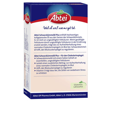 Abtei Black Cumin Oil Plus - with Vitamin E - Food Supplement for Cholesterol and Blood Sugar Levels - 1 x 48 Capsules
