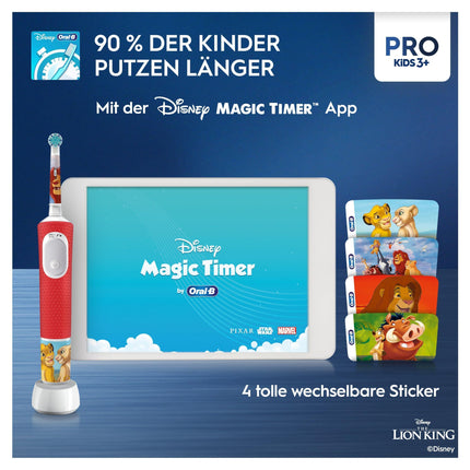 Oral-B Pro Kids Lion King Electric Toothbrush for children 3 years and older, including Sensitive+ mode for dental care, extra soft bristles, 1 brush head, 1 travel case, white/red