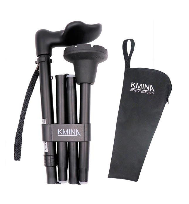 KMINA - Folding Walking Stick with Ergonomic Handle, Right, Height Adjustable, Seniors, Men, Women, Black - Made in Europe