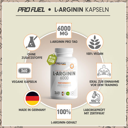 L-Arginine 360 ​​vegan capsules - with 6000 mg of plant-based L-arginine from fermentation (of which 6000 mg is pure L-arginine) per daily dose - No additives - laboratory-tested with certificate - vegan