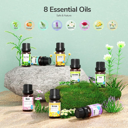 Aroma Diffuser, 600 ML with 8 Essential Oils, Bedroom Humidifier, Humidifier with Remote Control, 4 Timers, Automatic Waterless Shut-off for Large Rooms