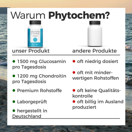 Phytochem Glucosamine and Chondroitin 180 Capsules, high dosage, 2700 mg per daily dose, no additives and laboratory tested