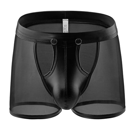 comeondear Leather Boxer Shorts Men's Large Size Sex Sexy Underwear for Men Erotic Transparent Underpants with Bulge Sissy Gay Lingerie Open G-string Briefs Wetlook Lingerie (Black, L)