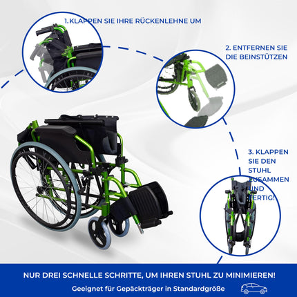 Mobiclinic®, Wheelchair, Bolonia, Aluminum, Foldable and lightweight, Folding split backrest, Removable footrest, Armrests, For adults, Green