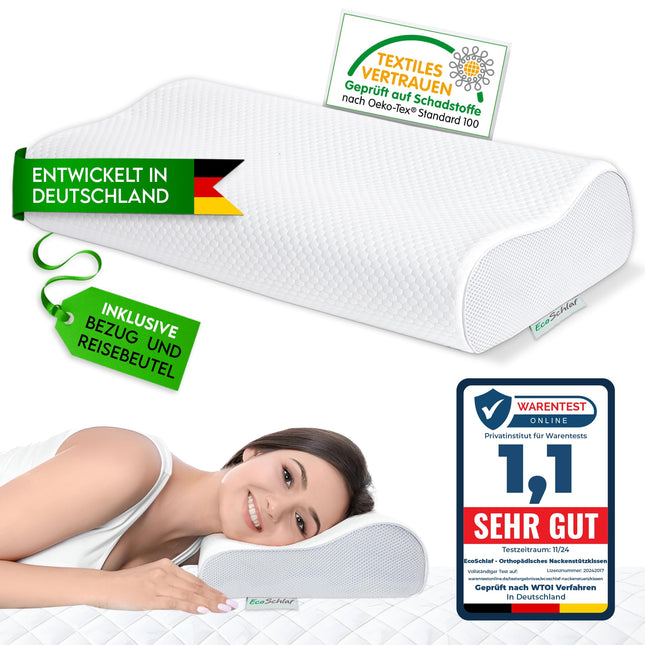 EcoSchlaf® Orthopedic Pillow 2025 Premium Neck Support Pillow – Certified – Side Sleeper Pillow Neck Pillow Made of Soft Memory Foam – Ergonomic Pillow – Neck Pain – Height Adjustable