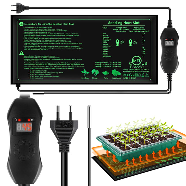 Verdenu Heat Mat Plant Heating Mat, 25 * 52 cm Heating Mat with Digital Thermostat Controller Combo Set, Propagation Heating Mat for Plant Germination, Indoor Greenhouse Propagator, Greenhouse