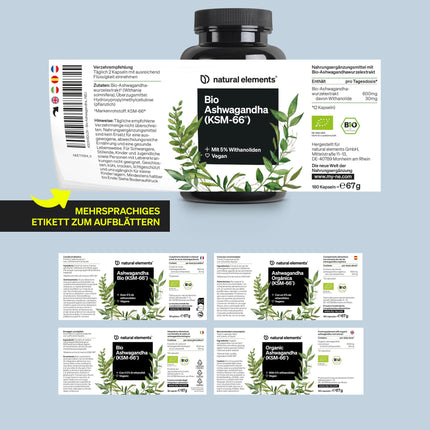 Organic Ashwagandha – KSM-66® premium raw material (180 capsules with above-average range) – 5% withanolide content – ​​laboratory-tested, vegan, and high-dose