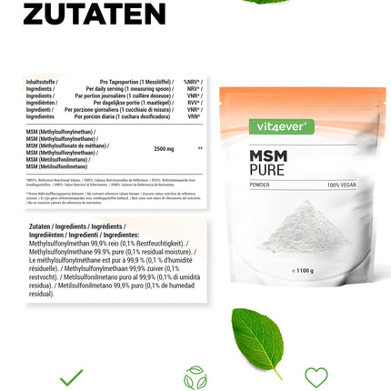 MSM Powder - 1.1 kg (1100 g) - 99.9% pure crystalline methylsulfonylmethane - Mesh factor 40-80 - Organic sulfur - Vegan