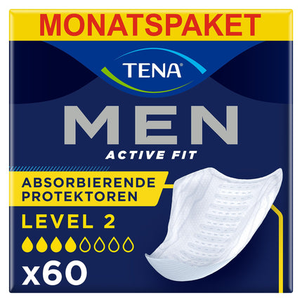 TENA MEN Absorbent Protectors, Level 2 - 60 pads in a monthly pack (6 x 10), individually wrapped - Men's sanitary pads for moderate urine loss and incontinence