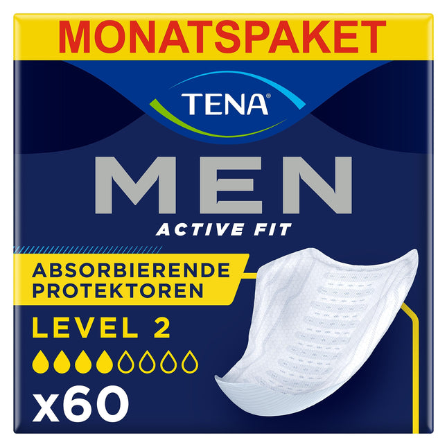 TENA MEN Absorbent Protectors, Level 2 - 60 pads in a monthly pack (6 x 10), individually wrapped - Men's sanitary pads for moderate urine loss and incontinence