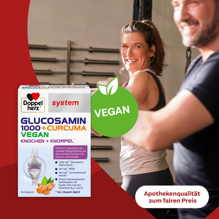 Doppelherz system GLUCOSAMINE 1000 + CURCUMA VEGAN – Vitamin C contributes to normal collagen formation for normal cartilage and bone function – 120 capsules
