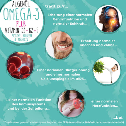 Omega-3 Algae Oil PLUS - 40% DHA and 20% EPA with Vitamin D3 + K2 + E - Lemon and Rosemary Extract - Vegan (20ml = 4-month supply)