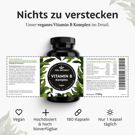 High-dose vitamin B complex - 180 vegan capsules - All 8 B vitamins (B1, B2, B3, B5, B6, B7, B9, B12) - 500µg vitamin B12 - bioactive vitamin B forms - laboratory-tested, produced in Germany