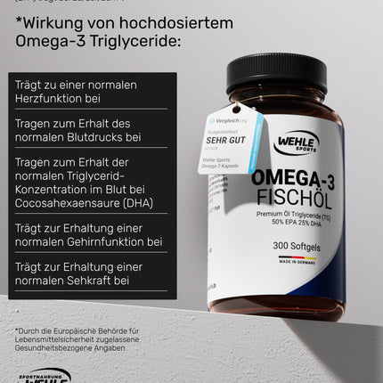 Omega 3 capsules high dose - 300 fish oil capsules with 2000mg (1000mg EPA &amp; 500mg DHA) per daily dose - Omega-3 fatty acids without vitamin E - Elaborately purified and from sustainable fishing