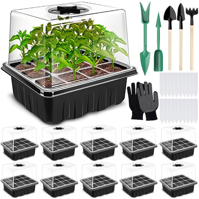 ZHHGOO Indoor Greenhouse Propagator, Mini Greenhouse Propagation Tray with High Lid, 10 Pieces 120 Cells Mini Greenhouse Propagation Set with 20 Labels, 3 Shovels, 2 Gardening Tools, 1 Pair of Gloves