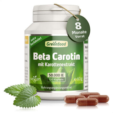 Beta Carotene, 50,000 IU (30 mg), 120 Vegetarian Capsules, high dosage – precursor to vitamin A (eyes, skin protection). Vegan.