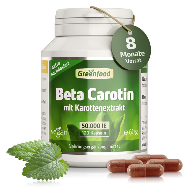 Beta Carotene, 50,000 IU (30 mg), 120 Vegetarian Capsules, high dosage – precursor to vitamin A (eyes, skin protection). Vegan.
