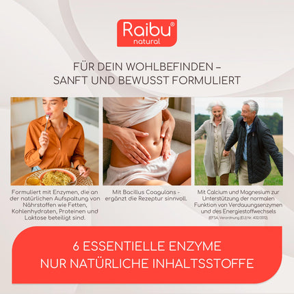 Digestive Enzymes, Enzyme Complex - Bromelain, Papain, Protease, Amylase, Lipase and Lactase - Bacterial Cultures &amp; Natural Calcium for Better Formula - 90 Enteric-Coated Capsules - Raibu