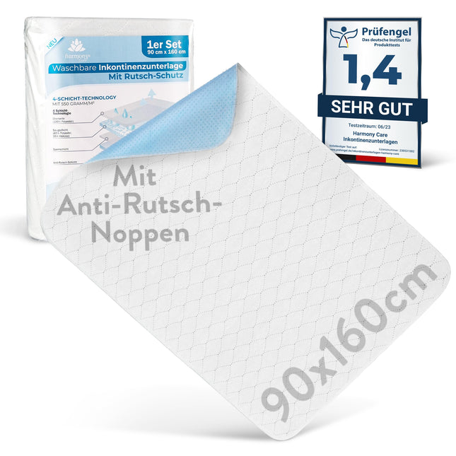 Harmony Care® Washable Incontinence Pad 90x160 cm [with anti-slip nubs] - 1x non-slip incontinence pad - breathable incontinence bed pad