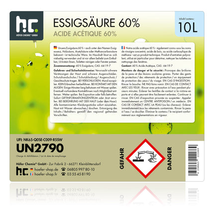Höfer Chemie 10 L Acetic Acid 60% - optimal cleaner and descaler - Premium Quality Made in Germany - freshly filled in a handy canister