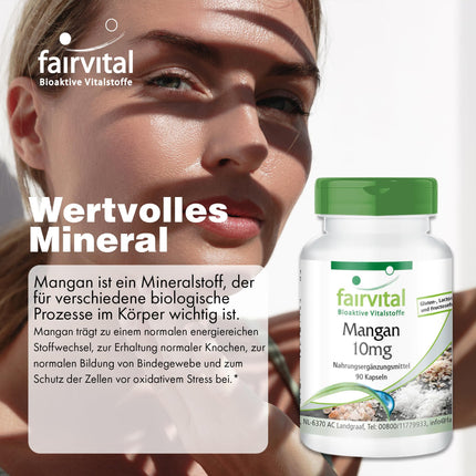 Fairvital | Manganese Capsules 10mg - 90 Capsules - HIGH DOSE - from manganese gluconate - Vegan - essential trace element - Manganese