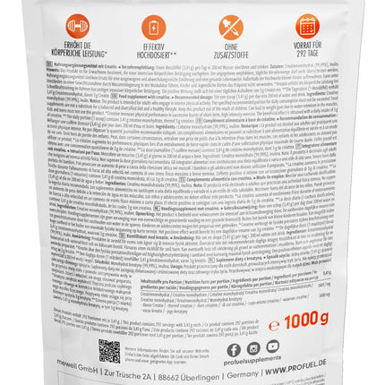 Creatine powder 1kg / 1000g pure creatine monohydrate in micronized quality - Creatine monohydrate optimally dosed - Creatine powder without additives, 100% vegan, supply for 292 days