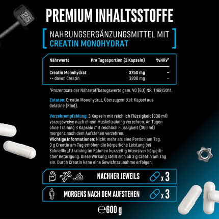 Creatine Ultra Capsules - 420 capsules with 1250 mg of pure creatine monohydrate each - Premium: Ultrafine + mesh factor of 200 - High dosage