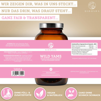 QIDOSHA® Wild Yam Root Extract, 240 pcs/jar, 1000mg Wild Yam Root Extract with 200mg Diosgenin per daily serving, Mexican Wild Yam Capsules with high dosage, vegan, made in Germany