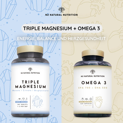 High-dose magnesium complex, 440 mg elemental magnesium per daily dose. Triple magnesium with: magnesium citrate 1440 mg, magnesium bisglycinate 600 mg, magnesium malate 600 mg. 180 tablets. 3-month supply. N2