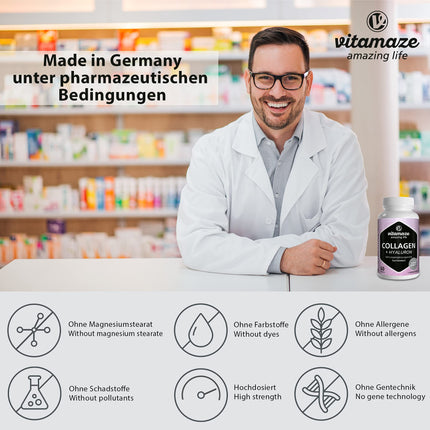 Collagen capsules high-dose + hyaluronic acid + chondroitin + lysine, 600 mg pure collagen hydrolysate per day, 60 capsules for 1 month, bioactive &amp; without additives, Made in Germany