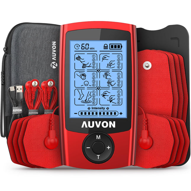 AUVON TENS device with EVA carrying case, rechargeable electrical stimulation device for pain with 24 training programs, 2-channel red TENS device for pain therapy, 12 premium electrodes with patented design