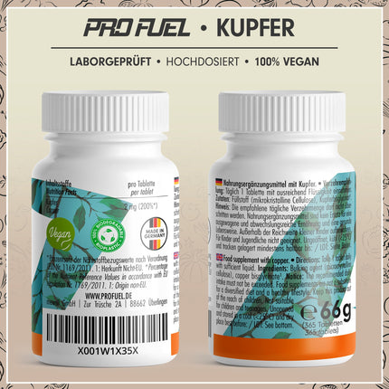 Copper tablets 365x with 2 mg copper from high-quality copper bisglycinate – optimally high dosage – free from unwanted additives – laboratory-tested with certificate – one-year supply – 100% vegan