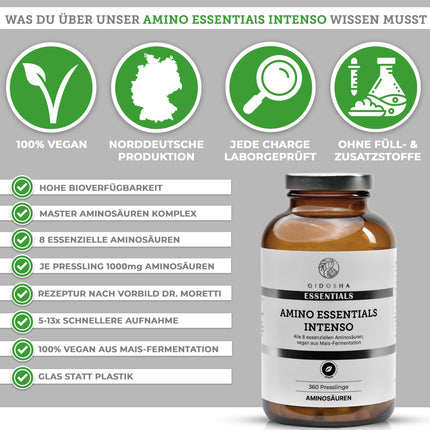 QIDOSHA® Master Amino Acid Complex tablets, formulated by Dr. Moretti, 360 tablets/jar, with 99% net nitrogen utilization (NNU), 8 essential amino acids, 100% vegan