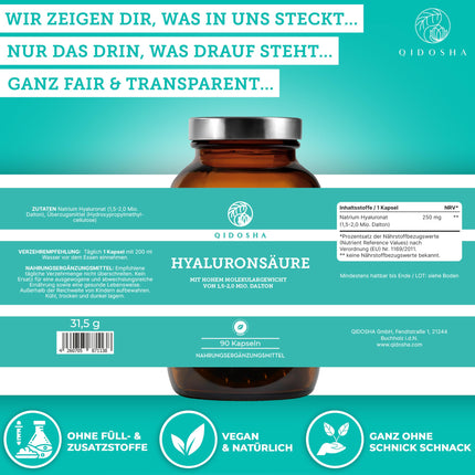 QIDOSHA® Premium Hyaluronic Acid Capsules, TEST WINNER 07/23*, high molecular weight of 1.5-2 million Daltons (common market: 0.5 million), 250 mg/capsule, 90 pcs/pharmacy jar, vegan, naturally fermented