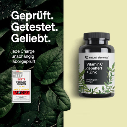 Vitamin C - 120 Capsules - High dosage with 1000mg + 15mg zinc - Plant-fermented &amp; buffered (pH-neutral, acid-free, gentle on the stomach) - Laboratory-tested, vegan, and produced in Germany