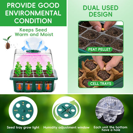 YAUNGEL Indoor Greenhouse Propagator with Plant Lamp Heating Mat, 5 Pieces Mini Greenhouse Propagation Set with Timing Controller Adjustable Brightness, Thickened Greenhouse with Lid and Ventilation